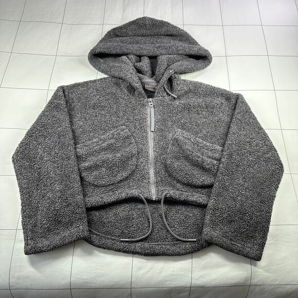 Gymshark Jacket Women Medium Gray Sherpa Cropped Fleece Full Zip Hoodie Athletic - Picture 1 of 6